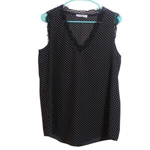 Harhay Black Polka Dot Sleeveless Lace Trim Top Contemporary Office Size L